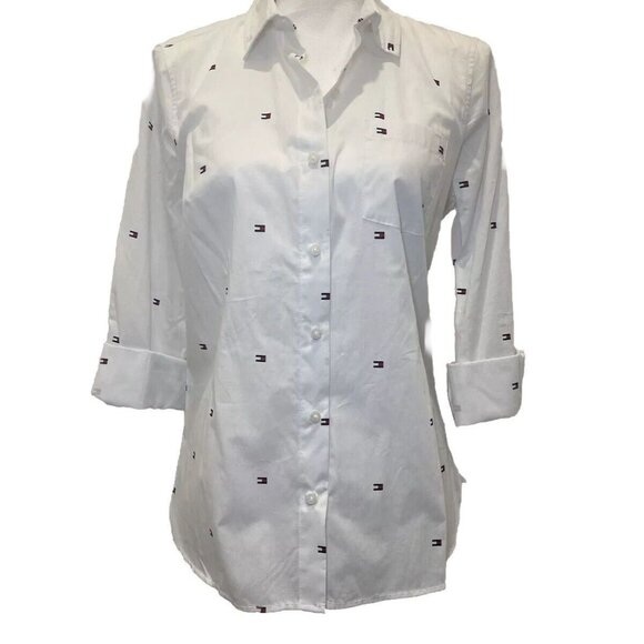 Tommy Hilfiger Tops - TOMMY HILFIGER Logo Women's White Collared Roll-Tab Button-Up Shirt Top Size S